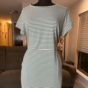 MEROKEETY Striped Tie Waist T-Shirt Dress Women’s L | Green White Casual Midi